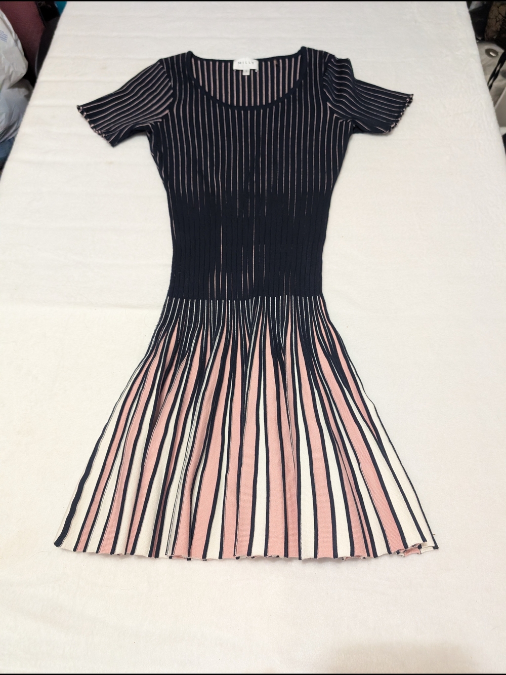 Milly Navy, Pink and White Striped Midi Dress Size Small